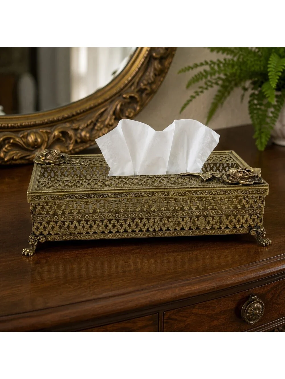 Vintage Gold-Tone Metal Filigree Tissue Box Cover Roses Hollywood Regency